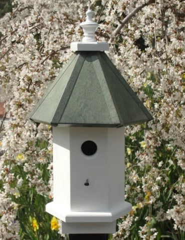 Wooden Birdhouse Handmade With Faux Patina Aluminum Roof, 6 Sided, 1 Nesting Compartment, Birdhouse Made in the US