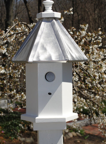 Bird House - 1 Nesting Compartment - 6 Sided - Handmade - Wooden - Burnished Aluminum Roof - Weather Resistant - Birdhouse Outdoor