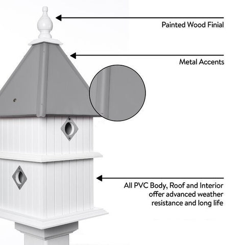 Birdhouse Handmade Vinyl PVC 2 Story With 4 Nesting Compartment, Metal Predator Guards, Choose Your Roof Color, Weather Resistant