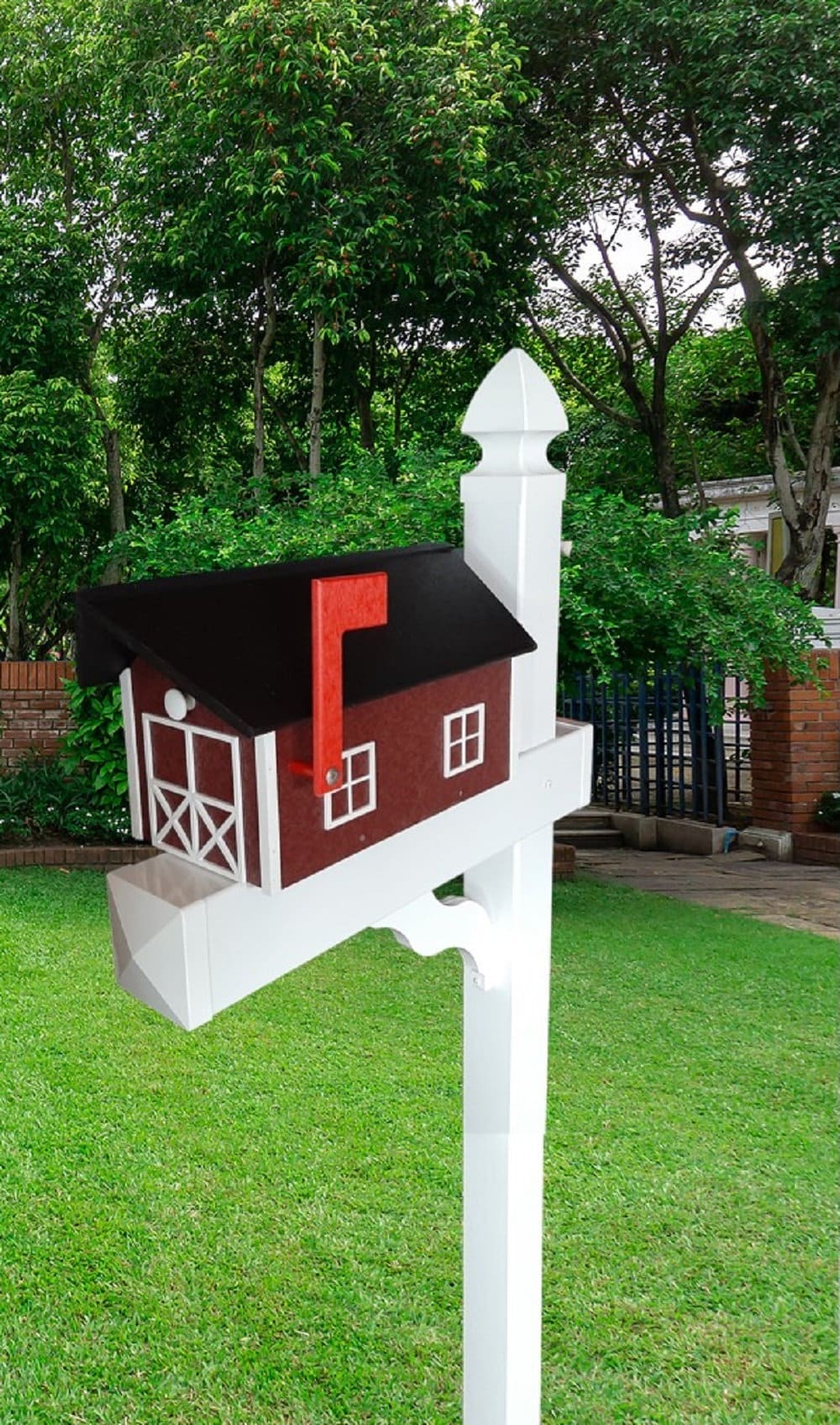 Amish Mailbox - Handmade - Poly Lumber Barn Style - Black Roof, Red Box With White Trim - Weather Resistant - Barn Mailboxes Poly