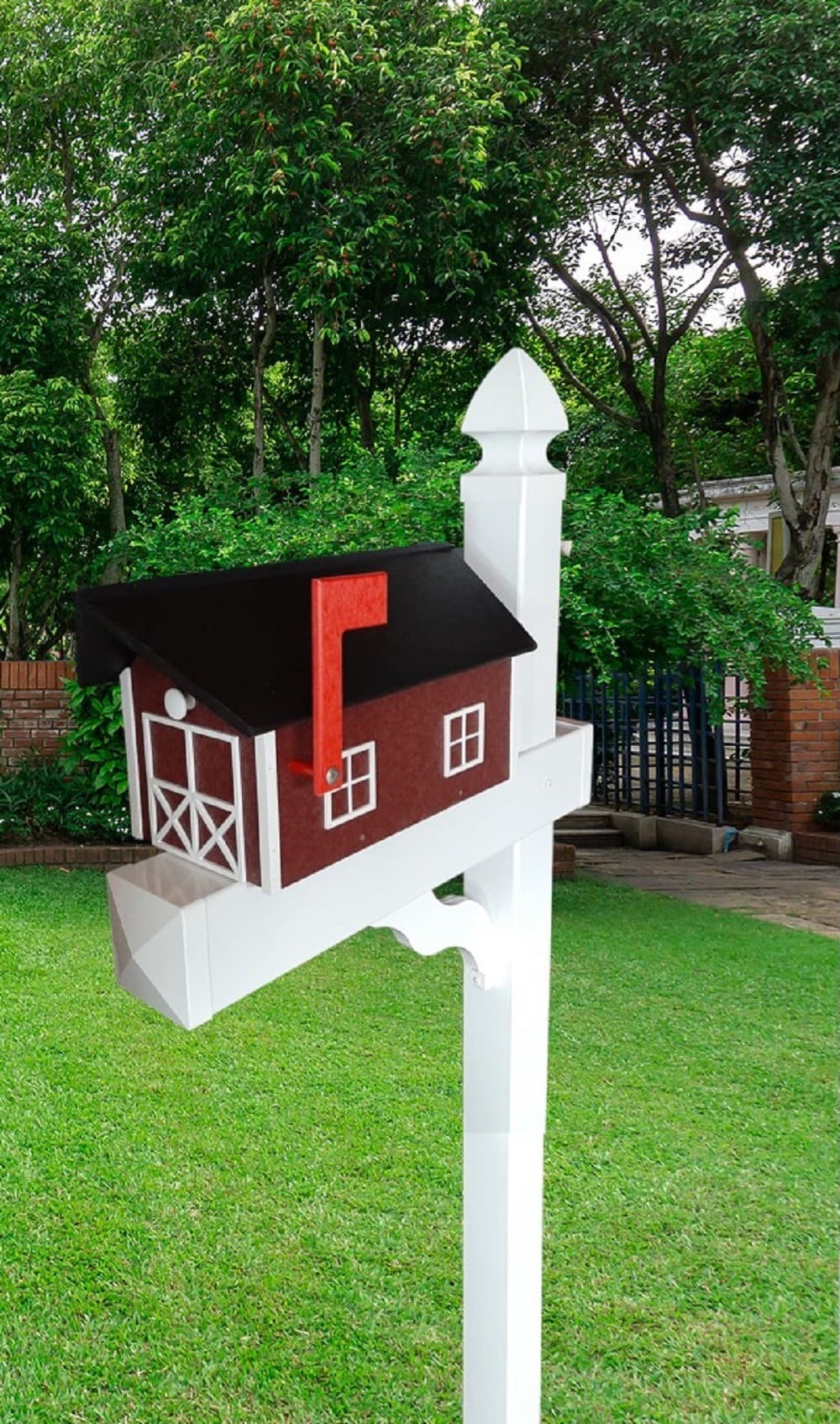 Amish Mailbox - Handmade - Poly Lumber Barn Style - Black Roof, Red Box With White Trim - Weather Resistant