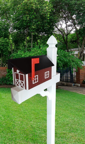 Amish Mailbox - Handmade - Poly Lumber Barn Style - Black Roof, Red Box With White Trim - Weather Resistant