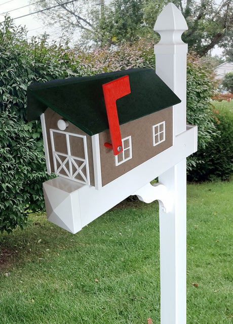 Amish Mailbox - Handmade - Poly Lumber Barn Style - Green Roof, Clay box With White Trim - Weather Resistant - Barn Mailboxes Poly