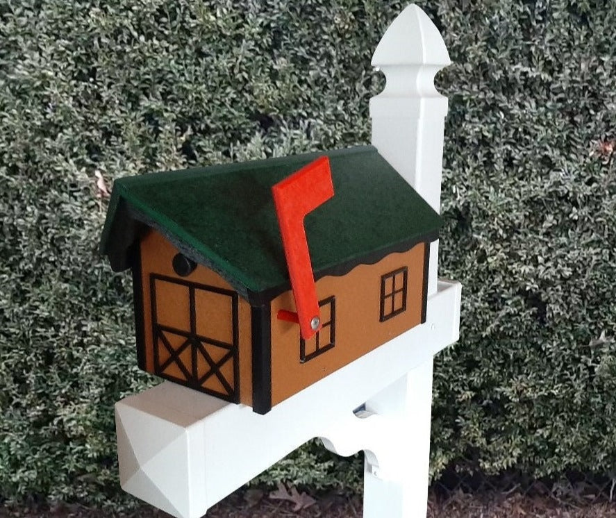 Amish Mailbox - Handmade - Poly Lumber Barn Style - Green Roof, Cedar Box With Black Trim - Weather Resistant