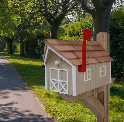 Amish Mailbox - Handmade - Wooden - Barn Style - Beige - With a Tall Prominent Sturdy Flag - With Cedar Shake Shingles Roof
