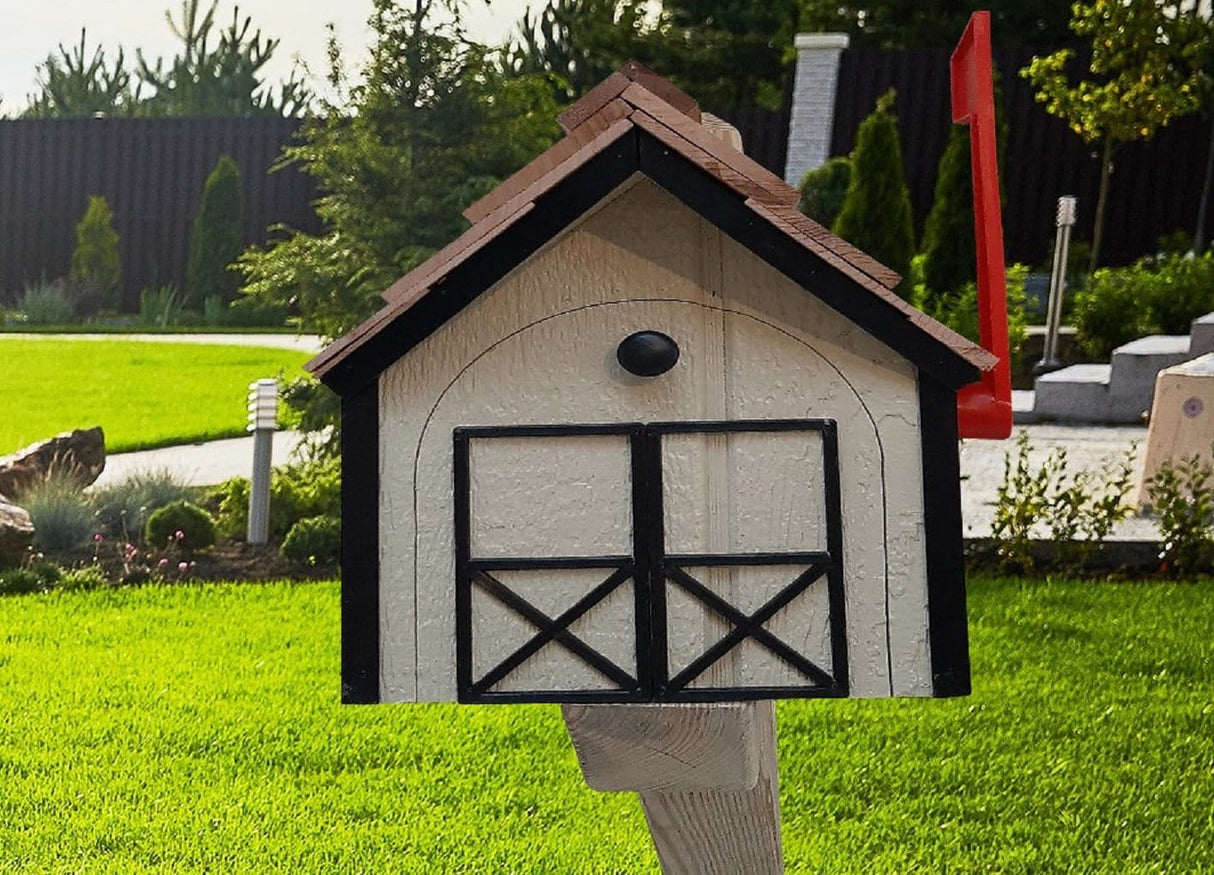 Amish Mailbox Beige - Handmade - Wooden - Beige - Barn Style - With a Tall Prominent Sturdy Flag - With Cedar Shake Shingles Roof - Barn Mailboxes Wood