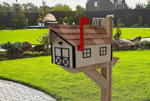 Amish Mailbox - Handmade -  Wooden - Beige - Barn Style - With a Tall Prominent Sturdy Flag - With Cedar Shake Shingles Roof