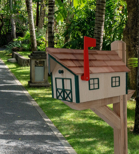 Amish Mailbox Beige - Handmade - Wooden - Beige - Barn Style - With a Tall Prominent Sturdy Flag - With Cedar Shake Shingles Roof - Barn Mailboxes Wood