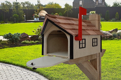 Amish Mailbox Beige - Handmade - Wooden - Beige - Barn Style - With a Tall Prominent Sturdy Flag - With Cedar Shake Shingles Roof