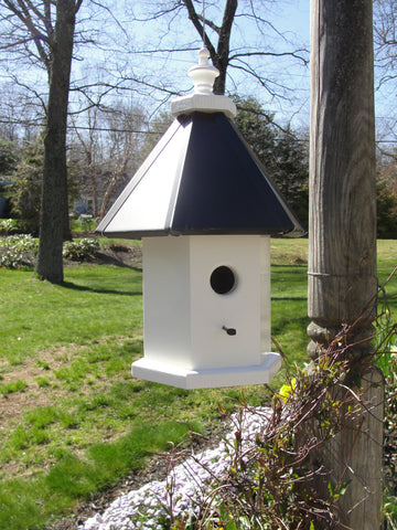 Bird House - 1 Nesting Compartment - Hanging - Handmade - 6 Sided - Faux Patina Aluminum Roof - Weather Resistant - Birdhouse Outdoor