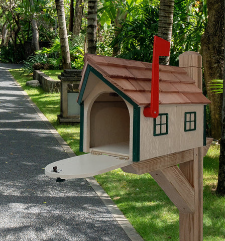 Amish Beige Mailbox - Handmade - Wooden - Barn Style - With a Tall Prominent Sturdy Flag - With Cedar Shake Shingles Roof