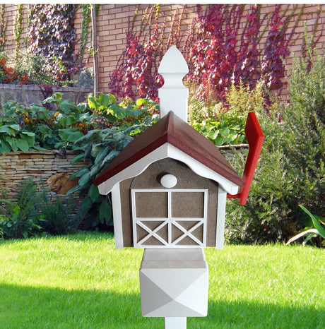 Amish Mailbox - Handmade - With White Trim Under Roof - Poly Lumber - Red Roof, Clay Box, White Trim - Add Your Mailbox Number (optional) - Barn Mailboxes Poly