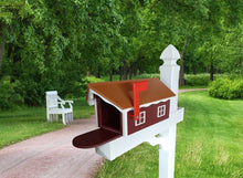 Load image into Gallery viewer, Amish Mailbox - Handmade - With White Trim Under Roof - Poly Lumber - Cedar Roof, Red Box, White Trim - Add Your Mailbox Number (optional)
