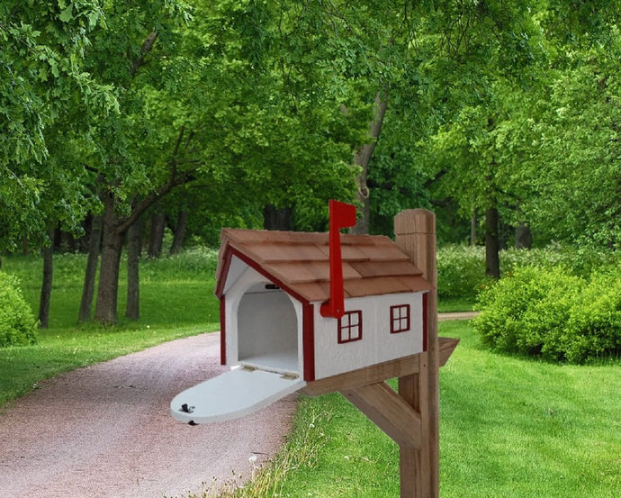 White Mailbox Amish Handmade - Barn Style - Wooden - Tall Prominent Sturdy Flag - With Cedar Shake Shingles Roof - Barn Mailboxes Wood