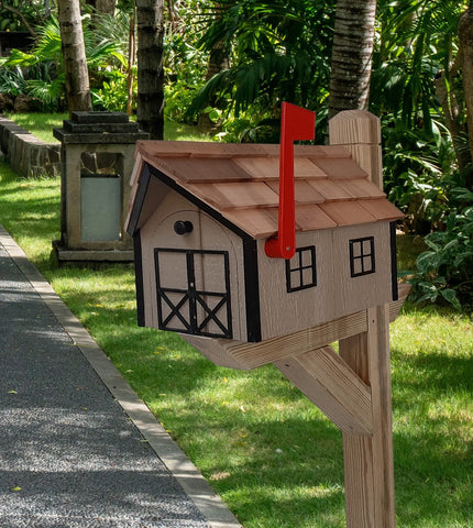 Handmade Mailbox - Wooden - Clay - Amish - Barn Style - Tall Prominent Flag - With Cedar Shake Shingles Roof - Large - Detailed - Mailbox