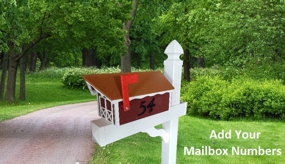 Amish Mailbox - Handmade - With White Trim Under Roof -Poly Lumber - Cedar Roof, Red Box, White Trim - Add Your Mailbox Number (optional) - Barn Mailboxes Poly