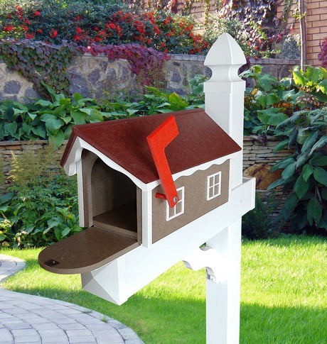 Amish Mailbox - Handmade - With White Trim Under Roof - Poly Lumber - Red Roof, Clay Box, White Trim - Add Your Mailbox Number (optional) - Barn Mailboxes Poly