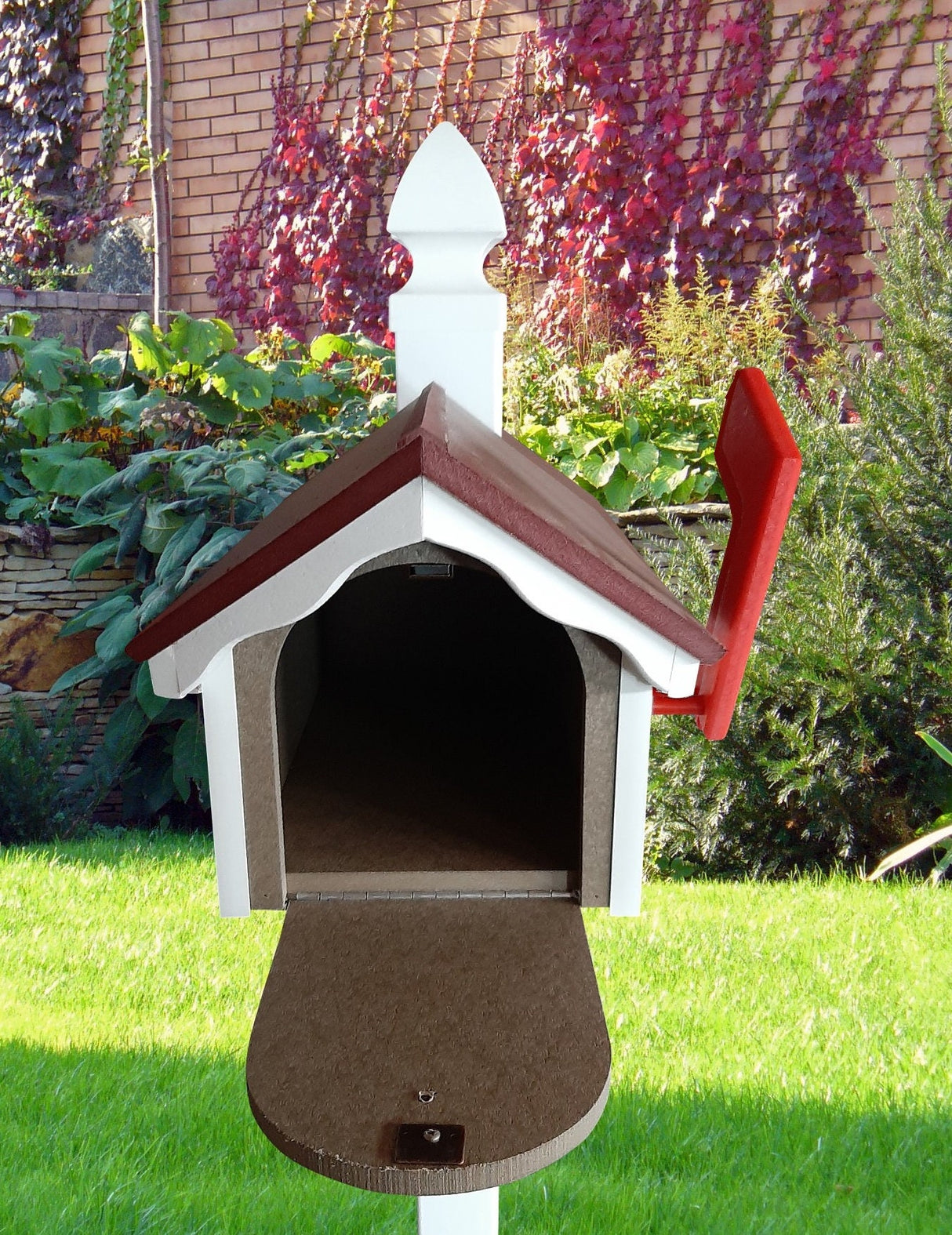 Amish Mailbox - Handmade - With White Trim Under Roof - Poly Lumber - Red Roof, Clay Box, White Trim - Add Your Mailbox Number (optional) - Barn Mailboxes Poly