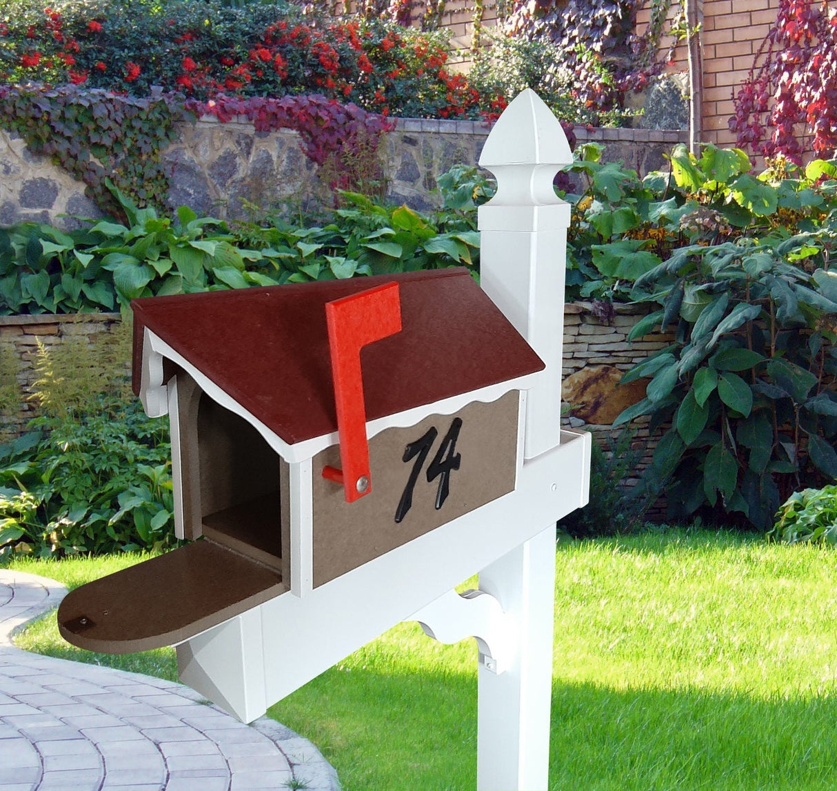 Amish Mailbox - Handmade - With White Trim Under Roof - Poly Lumber - Red Roof, Clay Box, White Trim - Add Your Mailbox Number (optional) - Barn Mailboxes Poly