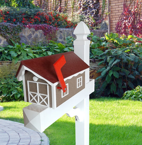 Amish Mailbox - Handmade - With White Trim Under Roof - Poly Lumber - Red Roof, Clay Box, White Trim - Add Your Mailbox Number (optional)