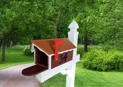 Amish Mailbox - Handmade - With White Trim Under Roof -Poly Lumber - Cedar Roof, Red Box, White Trim - Add Your Mailbox Number (optional)
