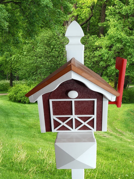 Amish Mailbox - Handmade - With White Trim Under Roof -Poly Lumber - Cedar Roof, Red Box, White Trim - Add Your Mailbox Number (optional) - Barn Mailboxes Poly