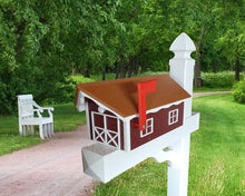 Load image into Gallery viewer, Amish Mailbox - Handmade - With White Trim Under Roof - Poly Lumber - Cedar Roof, Red Box, White Trim - Add Your Mailbox Number (optional)
