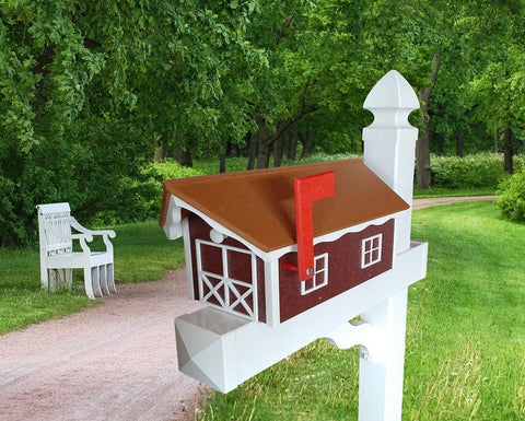 Amish Mailbox - Handmade - With White Trim Under Roof -Poly Lumber - Cedar Roof, Red Box, White Trim - Add Your Mailbox Number (optional)