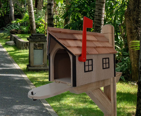 Mailbox - Amish Handmade - Wooden - Clay - Barn Style - With Tall Prominent Flag - With Cedar Shake Shingles Roof - Mailboxes - Outdoor