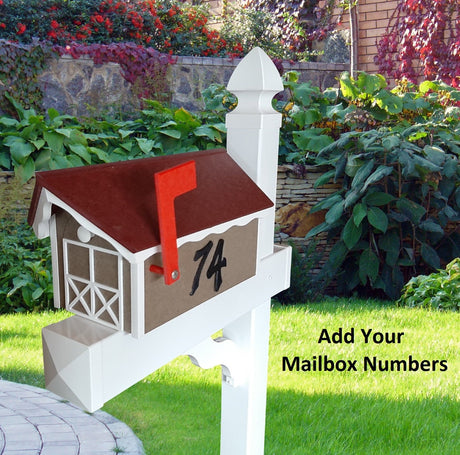 Amish Mailbox - Handmade - With White Trim Under Roof - Poly Lumber - Red Roof, Clay Box, White Trim - Add Your Mailbox Number (optional) - Barn Mailboxes Poly