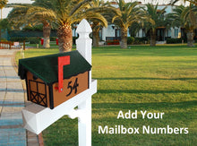 Load image into Gallery viewer, Amish Mailbox - Handmade - Black Trim Under Roof -Poly Lumber - Green Roof, Cedar Box, Black Trim - Add Your Mailbox Number (optional) - Barn Mailboxes Poly
