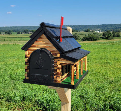 Amish Mailbox - Handmade - Log Cabin Style - Wooden with Metal USPS Approved Mailbox - Outdoor