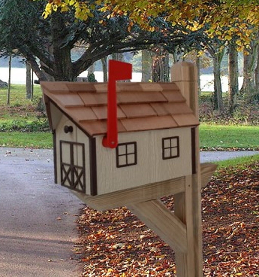 Amish Beige Mailbox - Handmade - Wooden - Barn Style - With a Tall Prominent Sturdy Flag - With Cedar Shake Shingles Roof - Barn Mailboxes Wood