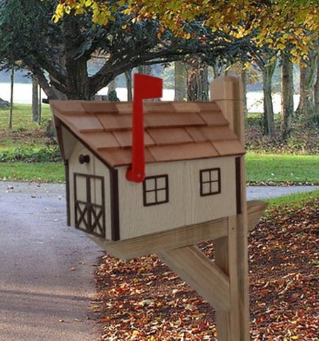 Amish Mailbox Beige - Handmade - Wooden - Beige - Barn Style - With a Tall Prominent Sturdy Flag - With Cedar Shake Shingles Roof