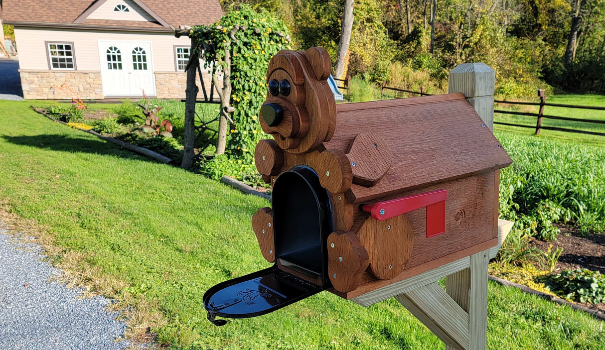 Bear Mailbox  Amish Handmade, Wooden With Metal Box Insert USPS Approved - Made With Yellow Pine Rougher Head - Unique Mailboxes