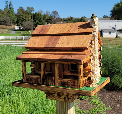 Log Cabin Bird Feeder, Amish Handmade, Cedar Roof, Yellow Pine, and Stone Chimney