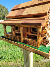 Load image into Gallery viewer, Log Cabin Bird Feeder, Amish Handmade, Cedar Roof, Yellow Pine, and Stone Chimney
