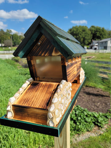 Bird Feeder Amish Handmade, White Pine and White Stones Bridge Design With 3 Feeding Areas