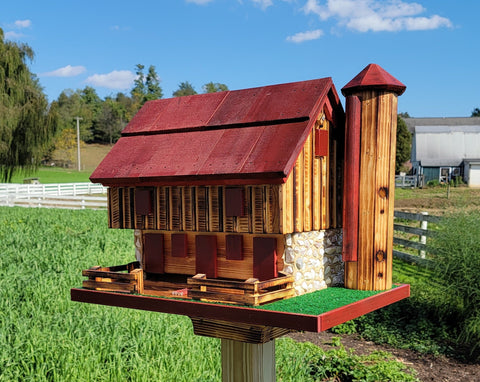 Log Cabin Barn Bird Feeders Amish Handmade, With Cedar Roof, Silo and White Stones, Extra Large Handcrafted Amish Double Bird Feeders