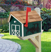 Load image into Gallery viewer, Amish Mailbox Horse and Carriage Design Handmade Barn Style Wooden Mailbox With a Tall Prominent Sturdy Flag and Cedar Shake Roof - Barn Mailboxes Wood
