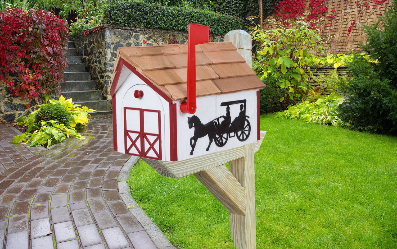 Amish Mailbox Horse and Carriage Design Handmade Barn Style Wooden Mailbox With a Tall Prominent Sturdy Flag and Cedar Shake Roof - Barn Mailboxes Wood