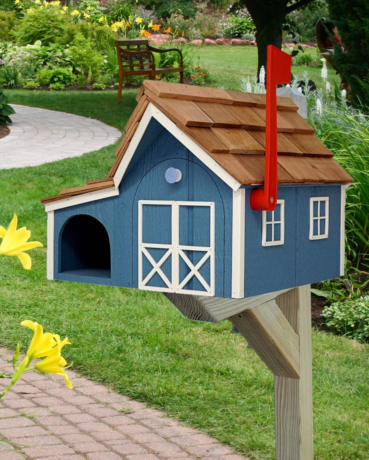 Amish Mailbox with Newspaper Holder, Handmade Wooden Barn Style Mailbox With Cedar Shake Roof and a Tall Prominent Sturdy Flag - Barn Mailboxes Wood