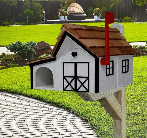 Amish Mailbox with Newspaper Holder, Handmade Wooden Barn Style Mailbox With Cedar Shake Roof and a Tall Prominent Sturdy Flag