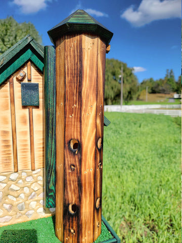 Log Cabin Barn Bird Feeders Amish Handmade, With Cedar Roof, Silo and White Stones, Extra Large Handcrafted Amish Double Bird Feeders