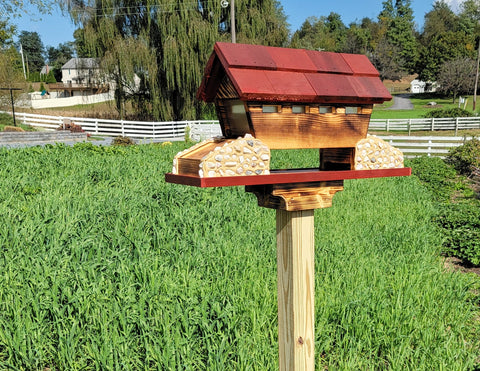 Covered Bird Feeder Amish Made With 3 Feeding Areas, Large, Made of White Pine and White Stones, Bridge Design