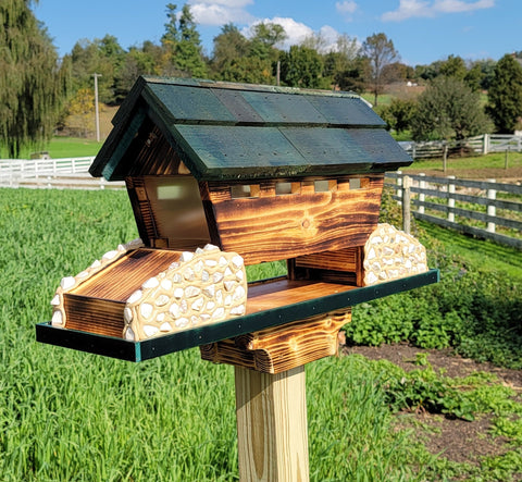 Covered Bird Feeder Amish Made With 3 Feeding Areas, Large, Made of White Pine and White Stones, Bridge Design