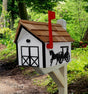 Amish Mailbox Horse and Carriage Design Handmade Barn Style Wooden Mailbox With a Tall Prominent Sturdy Flag and Cedar Shake Roof - Barn Mailboxes Wood