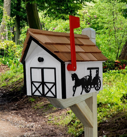 Amish Mailbox Horse and Carriage Design Handmade Barn Style Wooden Mailbox With a Tall Prominent Sturdy Flag and Cedar Shake Roof