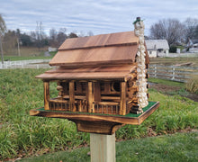 Load image into Gallery viewer, Log Cabin Birdhouse, Amish Handmade, 2 Nesting Compartments With Cedar Roof, Yellow Pine, and Stone Chimney
