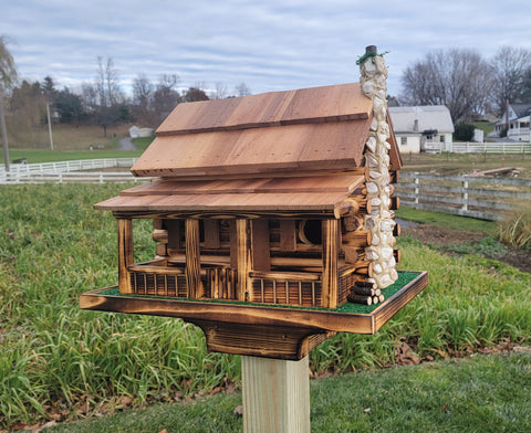 Log Cabin Birdhouse, Amish Handmade, 2 Nesting Compartments With Cedar Roof, Yellow Pine, and Stone Chimney